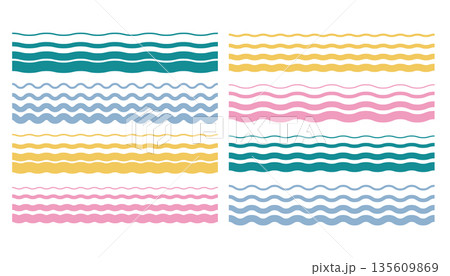 A set of colorful halftone seamless wavy lines in teal, blue, yellow, and pink. Striped infinity patterns. 135609869