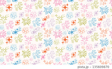 A colorful seamless pattern with vintage starbursts and fireworks in doodle sketch style. A colorful seamless pattern with vintage starbursts and fireworks in doodle sketch style. 135609870