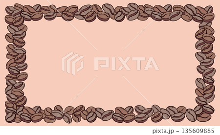A doodle sketch of a square border made of roasted coffee beans on pink background. A doodle sketch of a square border made of roasted coffee beans on pink background. 135609885