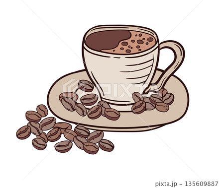 A doodle sketch of a cup of coffee with roasted beans on a saucer. A doodle sketch of a cup of coffee with roasted beans on a saucer. 135609887
