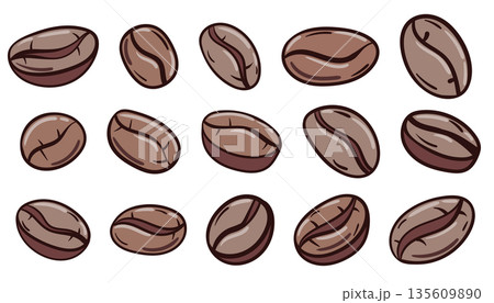 A set of fifteen hand drawn roasted coffee beans. Doodle sketch style. A set of fifteen hand drawn roasted coffee beans. Doodle sketch style. 135609890