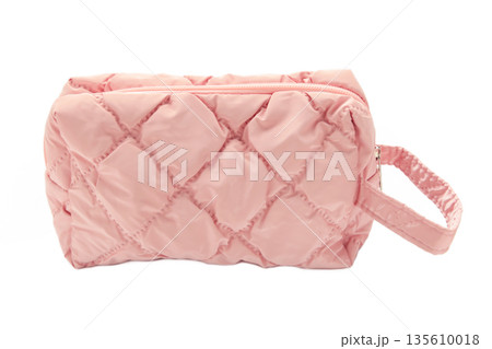 Pink cosmetic case, make up bag with zipper for lady women handbag isolated on white Background. 135610018