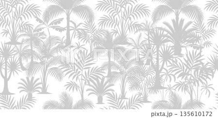 Gray background with palm trees and leaves. Hand drawn. Not AI, vector illustration. Gray background with palm trees and leaves. Hand drawn. Not AI, vector illustration. 135610172