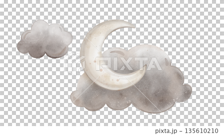 Composition with moon with clouds. Yellow crescent moon. Cute baby Isolated hand drawn Watercolor illustration. Design for kid's goods, clothes, textiles, postcards, baby shower and children's room 135610210