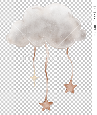 Composition with Grey Clouds with red and yellow stars tied to a ribbon. Hand drawn watercolor illustration in muted tones for Baby shower invitations or nursery wall art. Drawing for kids cards Composition with Grey Clouds with red and yellow stars tied to a ribbon. Hand drawn watercolor illustration in muted tones for Baby shower invitations or nursery wall art. Drawing for kids cards 135610211