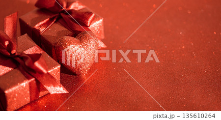 Glittery Red Gift Boxes with Satin Bows and Glittery Heart. Romantic Valentines Day Flatlay 135610264