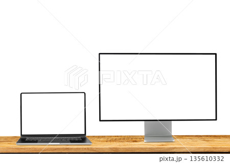 Blank monitor desktop screen with laptop on white background 135610332