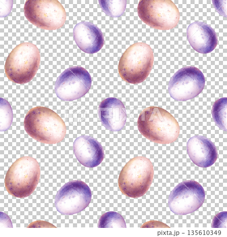 Seamless pattern with pink and purple Easter eggs on an isolated background. Watercolor illustration with colorful eggs. Realistic background for Easter decoration. Seamless pattern with pink and purple Easter eggs on an isolated background. Watercolor illustration with colorful eggs. Realistic background for Easter decoration. 135610349