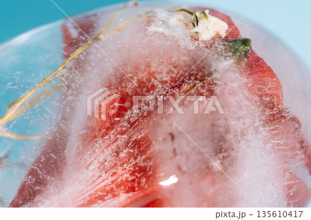 Icy floral abstract texture with red petals, close up background Icy floral abstract texture with red petals, close up background 135610417