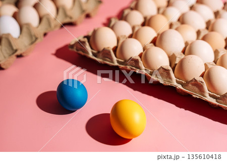 Blue and yellow Easter eggs on pink background with egg cartons 135610418
