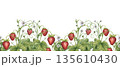 Seamless strawberry border. A horizontal pattern of ripe red strawberries, green leaves, and white flowers. A watercolor seamless illustration of red berry branches for tea, jam, and cosmetic labels 135610430