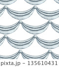 Seamless pattern with blue ribbons. Curtain hand drawn in watercolor on a white background. Semicircular fabric in gray blue tones. Decorative element pastel tones for festive designs, wallpaper 135610431