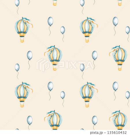 Seamless pattern with hot air balloons and balloons. Childish wallpaper air balloons and Hot air Balloon. Watercolor illustration of floating balloons for kids goods, kids wallpaper, wrapping paper 135610432
