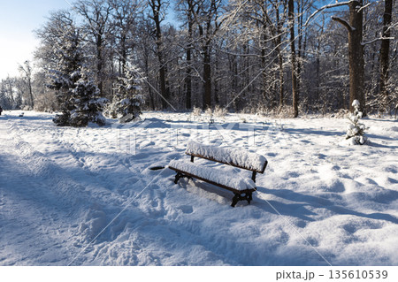 A snow-covered park bench on a clear winter day A snow-covered park bench on a clear winter day 135610539