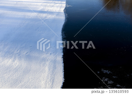 the boundary between water and ice. A half-frozen, snow-covered body of water 135610593