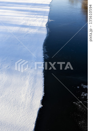 the boundary between water and ice. A half-frozen, snow-covered body of water 135610594