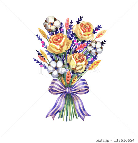 Hand-painted watercolor bouquet featuring yellow roses, lavender sprigs, and cotton flowers tied with a blue and white striped nautical bow. This rustic floral arrangement combines soft botanical 135610654