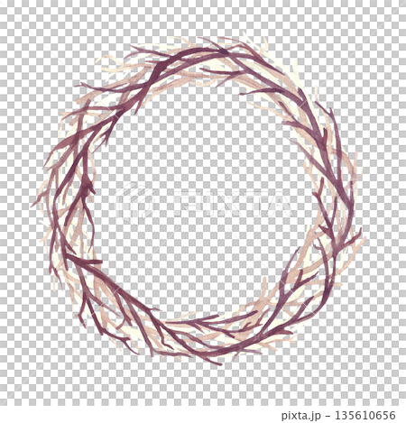 A round brown wreath of dry intertwined branches. Watercolor illustration on an isolated background. A round frame clipart for decorating Christmas, Easter and autumn holidays. 135610656