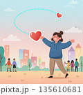 Happy girl shares love in a community, creating a boomerang effect of kindness and positivity. Flat design illustration for concepts of caring and giving.. Vector illustration 135610681