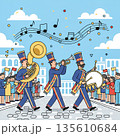 A colorful, flat vector illustration of a marching band performing in a street parade. Musicians play for a happy crowd under a blue sky with musical notes.. Vector illustration 135610684