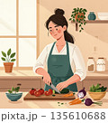 Beautiful flat illustration of a woman chopping vegetables. Concept for healthy eating, home cooking, and a wholesome lifestyle. . Vector illustration 135610688