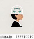 Minimalist vector art of a judge with balanced scales in their head, symbolizing an objective mind, fairness, law, and impartiality.. Vector illustration 135610910