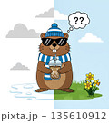 A cool cartoon groundhog with sunglasses is unsure about the weather, standing between winter and spring. Funny vector illustration for Groundhog Day. Vector illustration 135610912