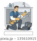 A friendly plumber cartoon character fixing a water leak under a kitchen sink. This vector illustration is perfect for plumbing services and home repair concepts.. Vector illustration 135610915