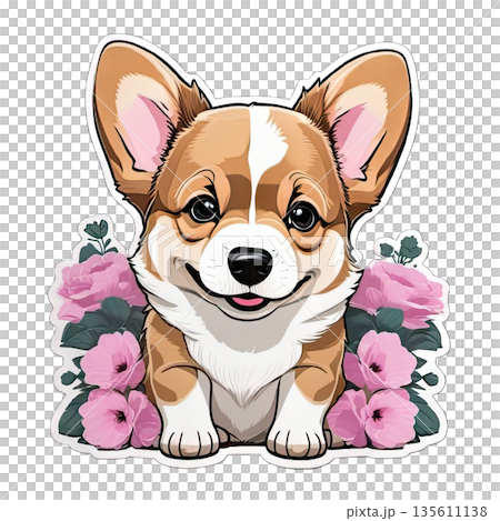 A corgi dog with orange and white fur sits in front of pink flowers. The dog has a big smile and looks cheerful. This scene captures a playful moment in a natural setting. 135611138