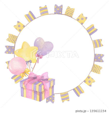 Wreath of garland with the flags and gift box with baloons. Handmade watercolor illustration. For packing paper, greeting cards, decoration and illustration. Wreath of garland with the flags and gift box with baloons. Handmade watercolor illustration. For packing paper, greeting cards, decoration and illustration. 135611154