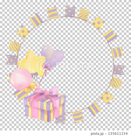 Wreath of garland with the flags and gift box with baloons. Handmade watercolor illustration. For packing paper, greeting cards, decoration and illustration. Wreath of garland with the flags and gift box with baloons. Handmade watercolor illustration. For packing paper, greeting cards, decoration and illustration. 135611154