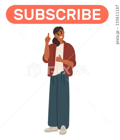 Girl points her index finger at subscribe button. Woman recommending internet channel or website. Following to influencer. Social media subscription. Join to membership. Vector concept Girl points her index finger at subscribe button. Woman recommending internet channel or website. Following to influencer. Social media subscription. Join to membership. Vector concept 135611187