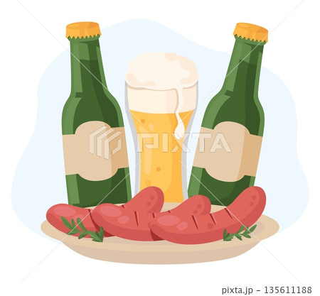 Glass of hoppy beer with fried sausages. Traditional beer snack. Meat frankfurters. Ale pint. Oktoberfest meal. Bavarian festival food. Pub alcohol drink. Foamy beverage mug. Vector concept Glass of hoppy beer with fried sausages. Traditional beer snack. Meat frankfurters. Ale pint. Oktoberfest meal. Bavarian festival food. Pub alcohol drink. Foamy beverage mug. Vector concept 135611188