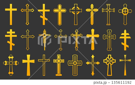 Golden crosses of Christian religion. Biblical crucifix. Line contour and silhouette gold holy signs. Christ sacred believe. Vector set of religious church symbols on dark background 135611192