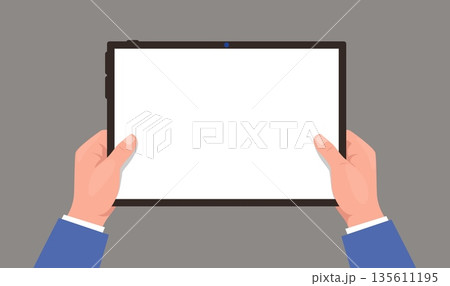 Hands holding tablet. Arms showing ebook digital board. Mobile device display. Blank gadget touchscreen. Portable computer. Electronic touchpad. Vector template for advertising or text 135611195