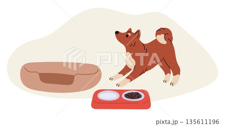Happy pet. Veterinary tools. Pillow bed and bowls with dog food or water. Care of domestic animal. Nutrition for home mammal. Canine feeder. Vet accessories. Doggy cozy mat. Vector concept 135611196