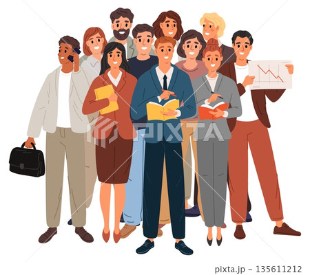 Multicultural group of business people. Men and women team. Cooperation and assistance. Colleagues teamwork. Businessmen collaboration. Standing employees. Vector concept of friendship 135611212