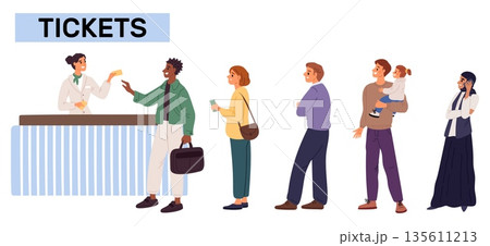 People standing in line. Men and women at queue to cashier. Public transport ticket office pay counter. Customers buying passes for movie or theater. Waiting for payment. Vector concept 135611213