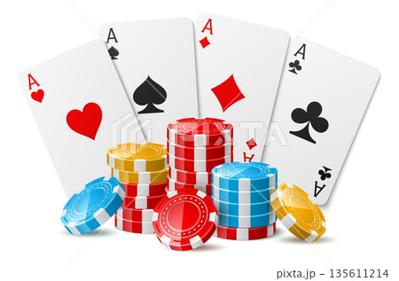 Realistic multicolored chips and casino play cards on white background. Poker ace fan. Betting tokens stack. Winner jackpot. Vegas gamble. Blackjack lucky chance. Vector gambling objects Realistic multicolored chips and casino play cards on white background. Poker ace fan. Betting tokens stack. Winner jackpot. Vegas gamble. Blackjack lucky chance. Vector gambling objects 135611214