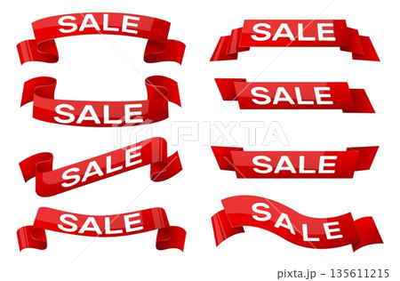 Red ribbons with text print. Sale curved tapes. Discount stripes. Special offer inscription. Premium silk labels. Elegant isolated stickers. Shopping tags. Vector set on white background 135611215