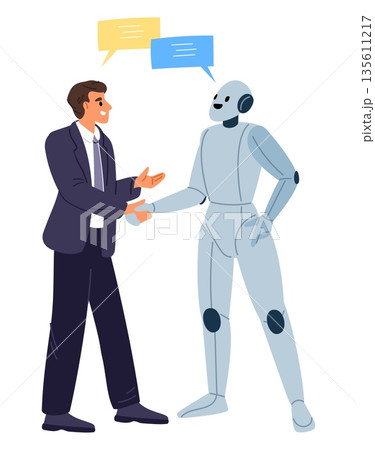Robot and businessman shake hands. Partnership between humans and artificial intelligence. Android and man handshake. Business cooperation. Communication with cyborg. Vector concept Robot and businessman shake hands. Partnership between humans and artificial intelligence. Android and man handshake. Business cooperation. Communication with cyborg. Vector concept 135611217