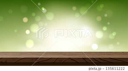 Advertising banner with realistic wooden table and green light reflection. Bokeh flashes. Empty tabletop. Timber surface. Product exhibition stand. Wood material desk. Vector background 135611222