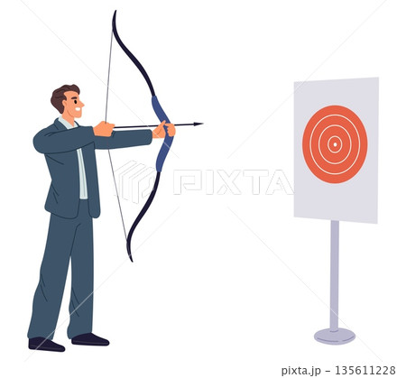 Businessman aiming arrow from bow at standing target. Business achievement. Strategy goals direction. Man shooting to project bullseye. Solution aim. Archer with longbow. Vector concept 135611228