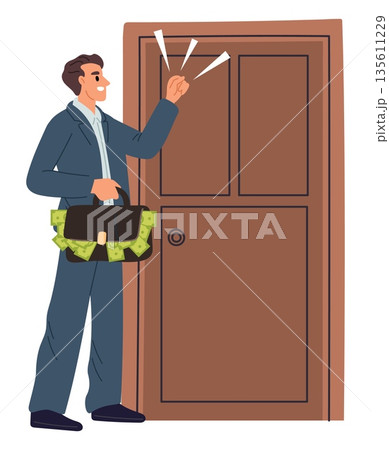 Businessman with suitcase full of money knocking on door. Offering investment or new opportunities. Man carrying financial profit. Debt payments. Bag with banknotes. Vector concept 135611229