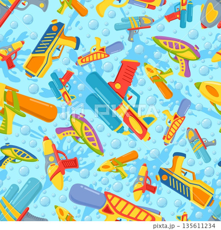 Childrens toy water pistols in splashes of water and air bubbles seamless pattern. Game plastic gun. Kids weapon. Repeated print. Handgun shooting. Songkran wet blaster. Vector background Childrens toy water pistols in splashes of water and air bubbles seamless pattern. Game plastic gun. Kids weapon. Repeated print. Handgun shooting. Songkran wet blaster. Vector background 135611234