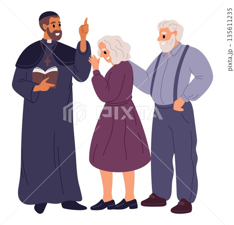 Church minister blesses elderly man and woman. Pastor communicates with his parishioners. Sermon to grandparents. Clergyman in robe talking with prayers about faith. Vector concept Church minister blesses elderly man and woman. Pastor communicates with his parishioners. Sermon to grandparents. Clergyman in robe talking with prayers about faith. Vector concept 135611235