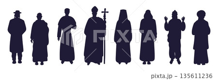 Clergymen silhouettes. Christian priests. Catholic patriarchs. Jewish rabbi. Buddhist monk. Orthodox preacher. Muslim imam. Religious people. Various faith prayers. Vector clerics set 135611236