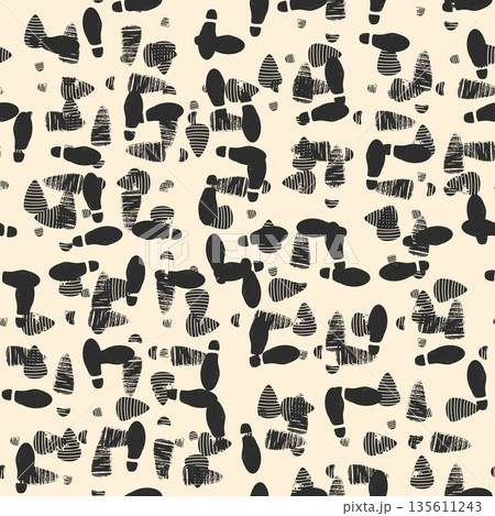 Footprints of mens and womens shoes on ground seamless pattern. Human steps traces. Sneakers imprints. Footwear stamps trekking. Dirty boots prints. People walking. Vector background Footprints of mens and womens shoes on ground seamless pattern. Human steps traces. Sneakers imprints. Footwear stamps trekking. Dirty boots prints. People walking. Vector background 135611243