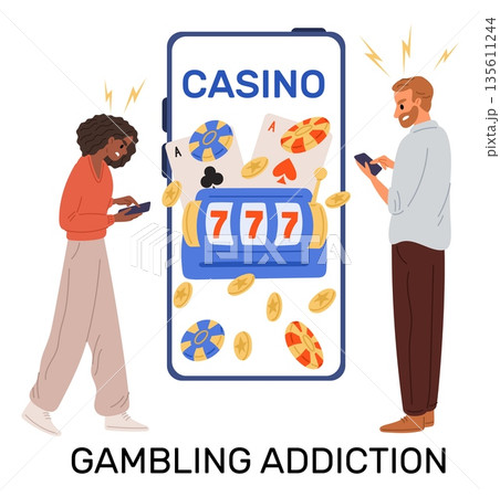 Gambling addiction. Men and women emotionally dependent on online mobile casino. Smartphone application. Winning chips. Addicted people with phones. Slot machine win. Vector concept 135611244
