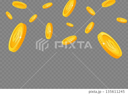 Gold coins fall from above. Winning prize or casino jackpot. Golden tokens falling down. Money rain. Financial success and wealth. Precious metal cash. Vector transparent background 135611245